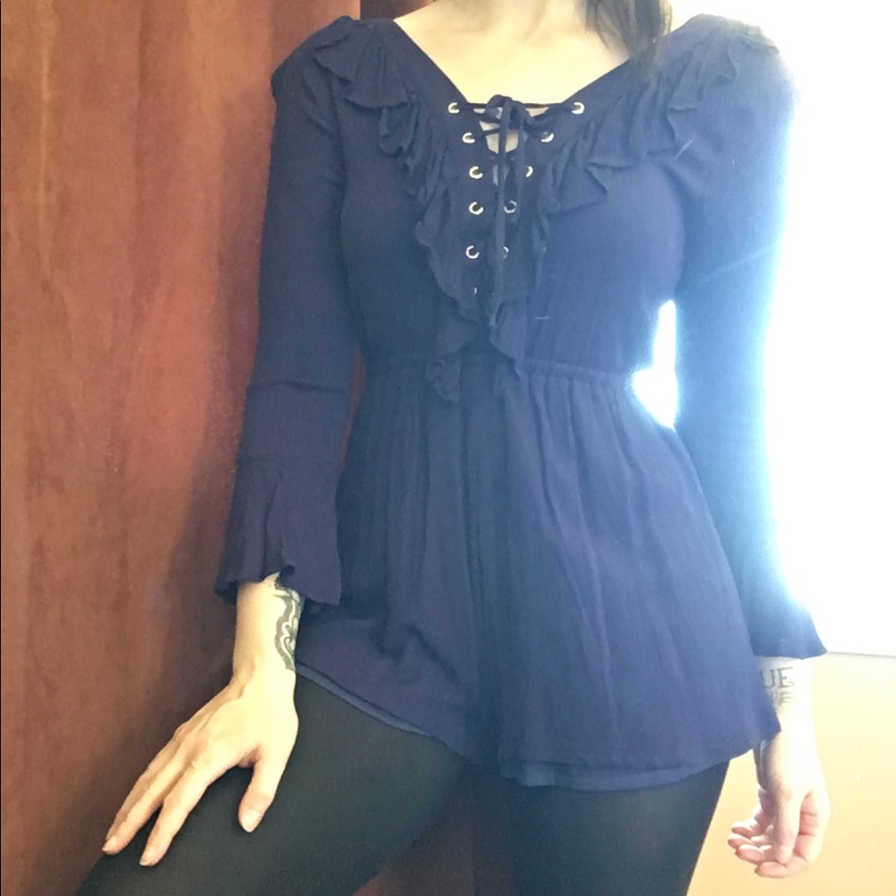 Size small navy blue lace up romper - Picture 7 of 8